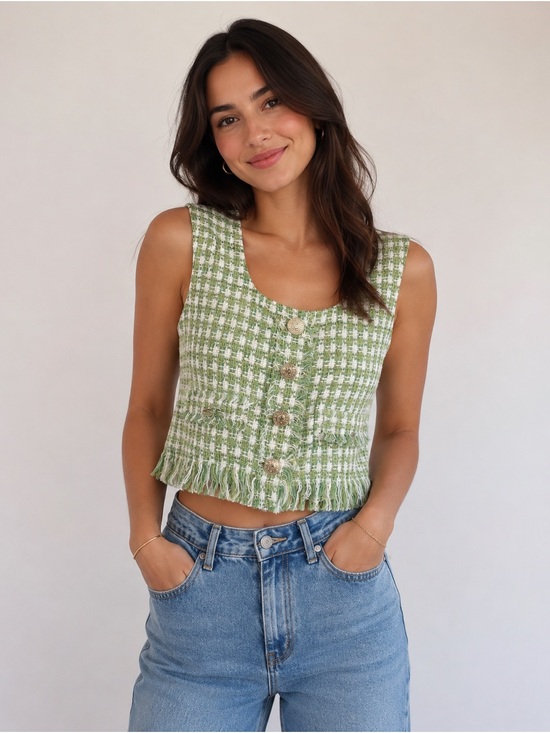 Zara Tops - Green Tweed Fringe Button-Front Zara Top